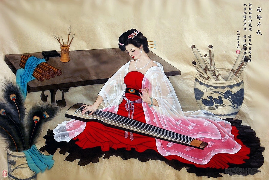 《袖冷千秋》美女撫琴圖